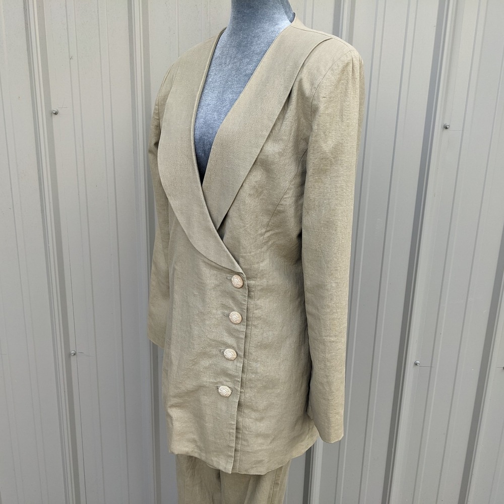 Vintage 90s Linen 2-Pc Pant Suit Set Sz 12 Khaki Wide Leg Shawl Collar Blazer - Picture 12 of 16